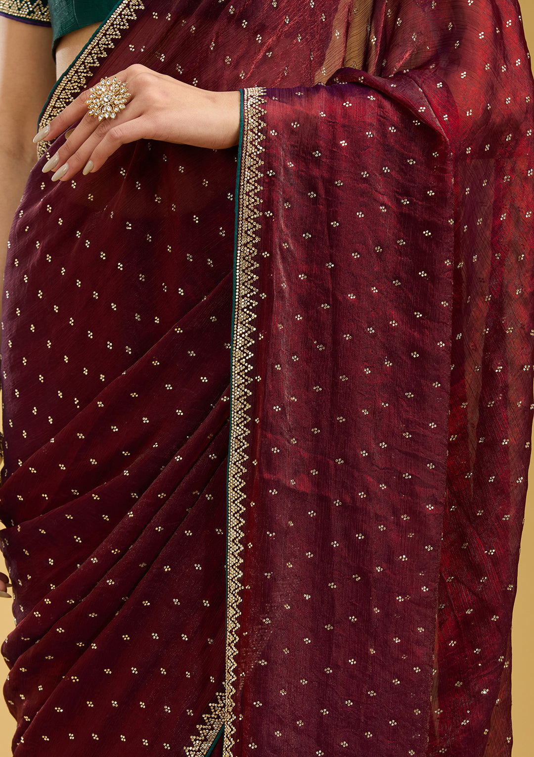 Maroon Stonework (Gold) Tissue Saree
