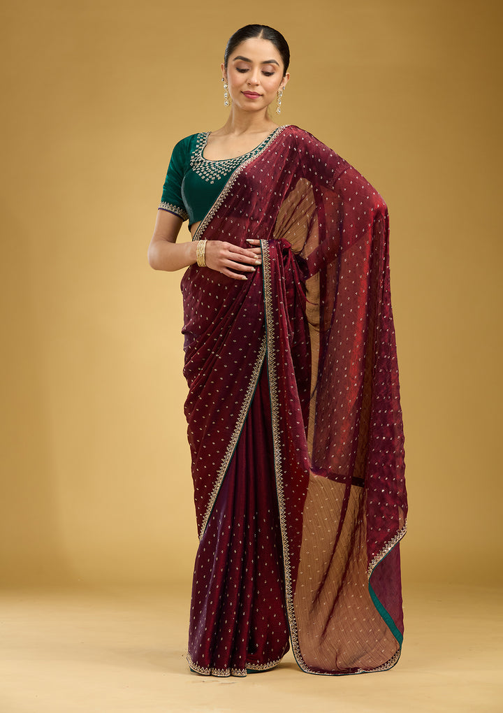 Maroon Stonework (Gold) Tissue Saree