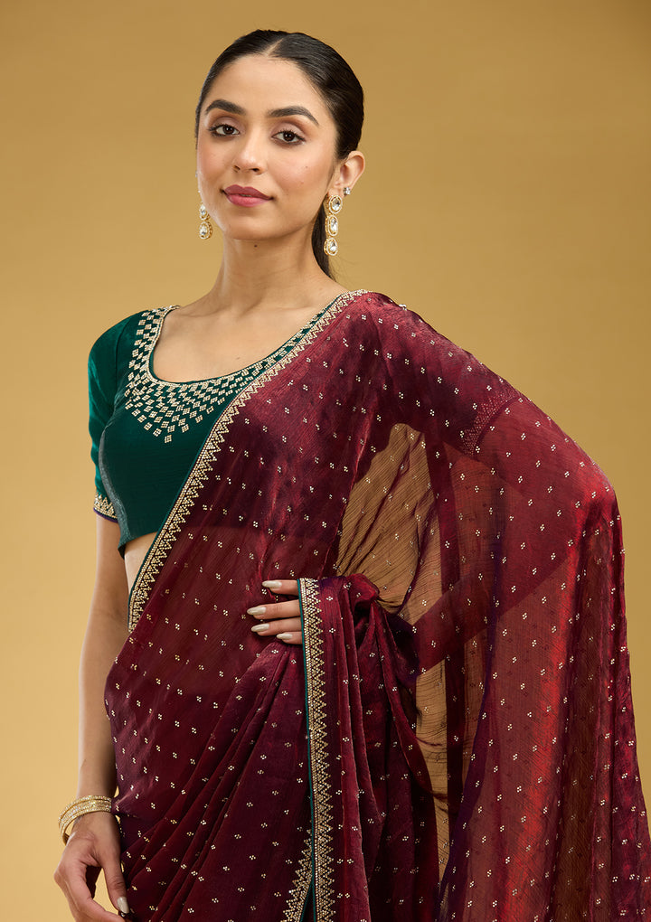 Maroon Stonework (Gold) Tissue Saree