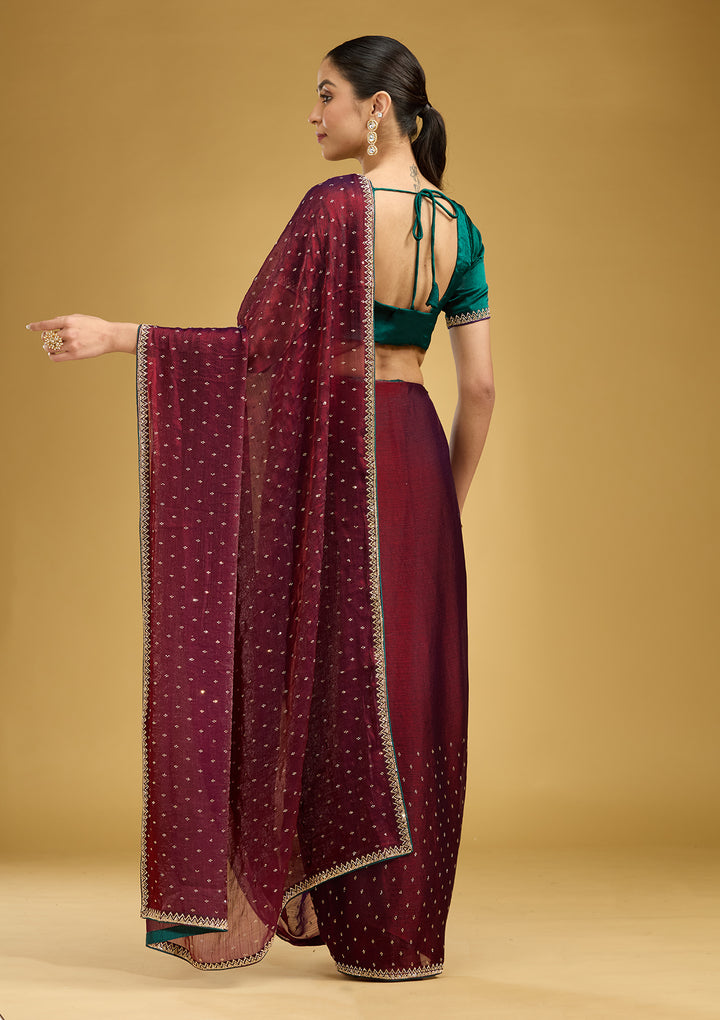 Maroon Stonework (Gold) Tissue Saree