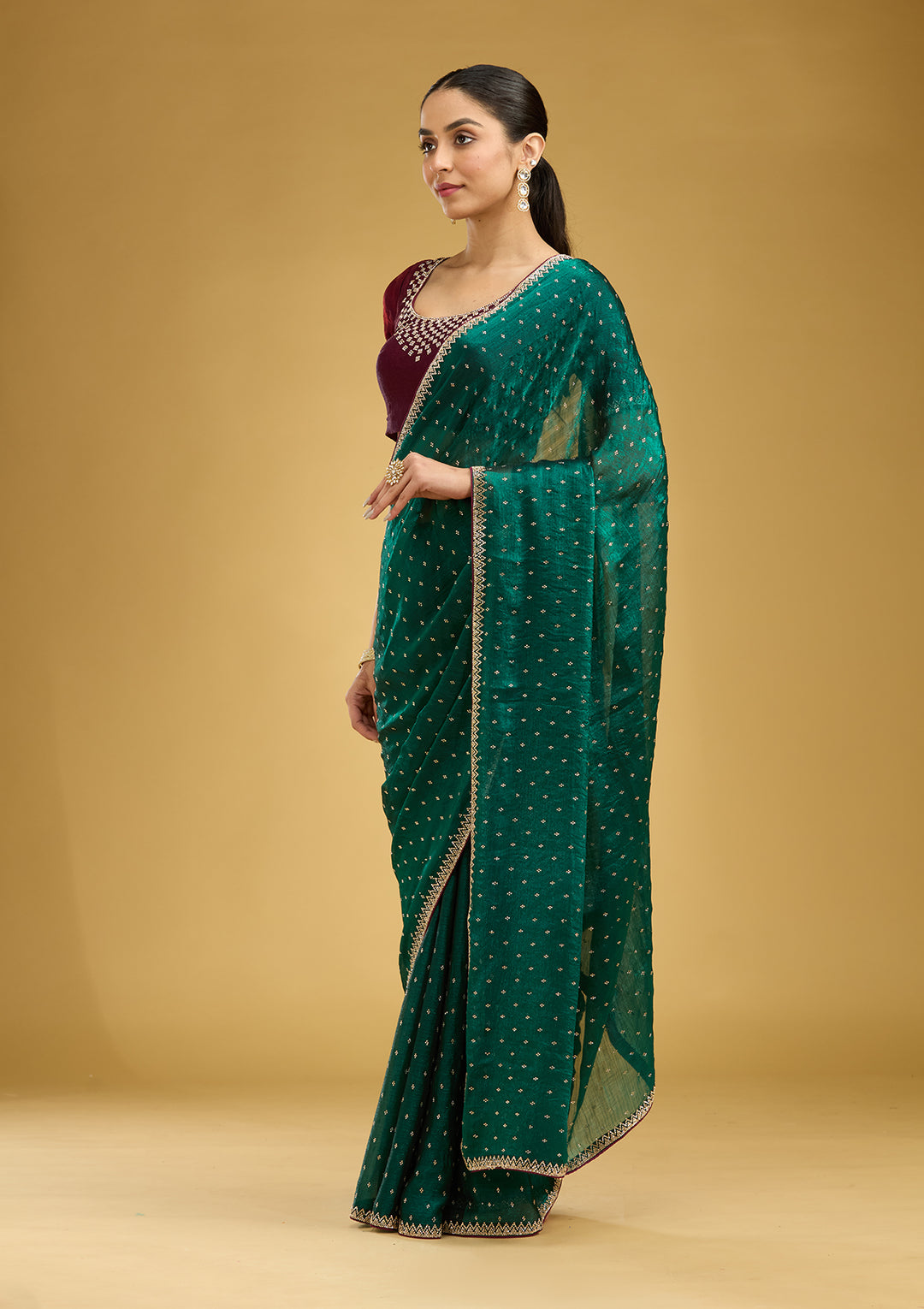 Peacock Green Stonework (Gold) Tissue Saree