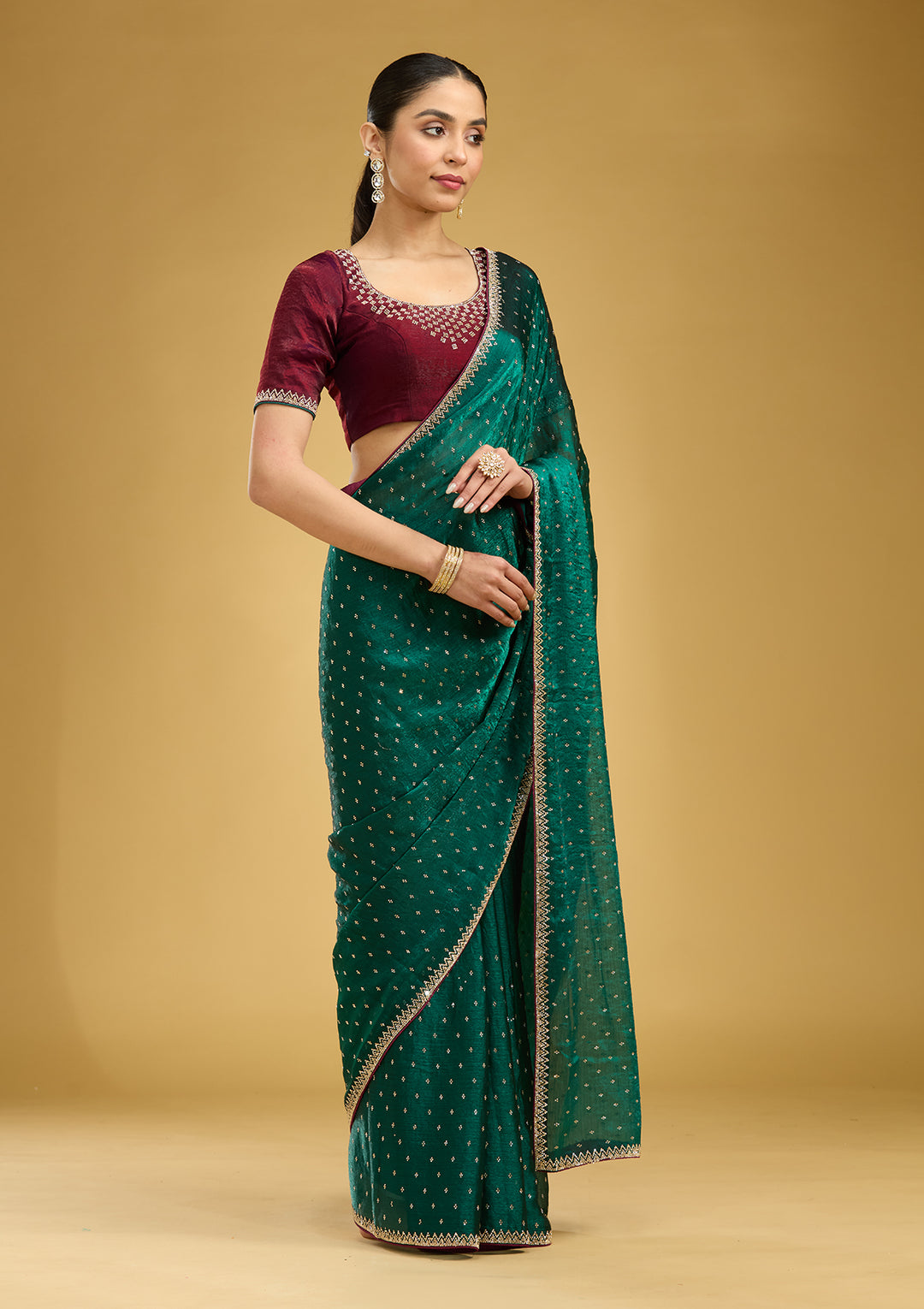 Peacock Green Stonework (Gold) Tissue Saree