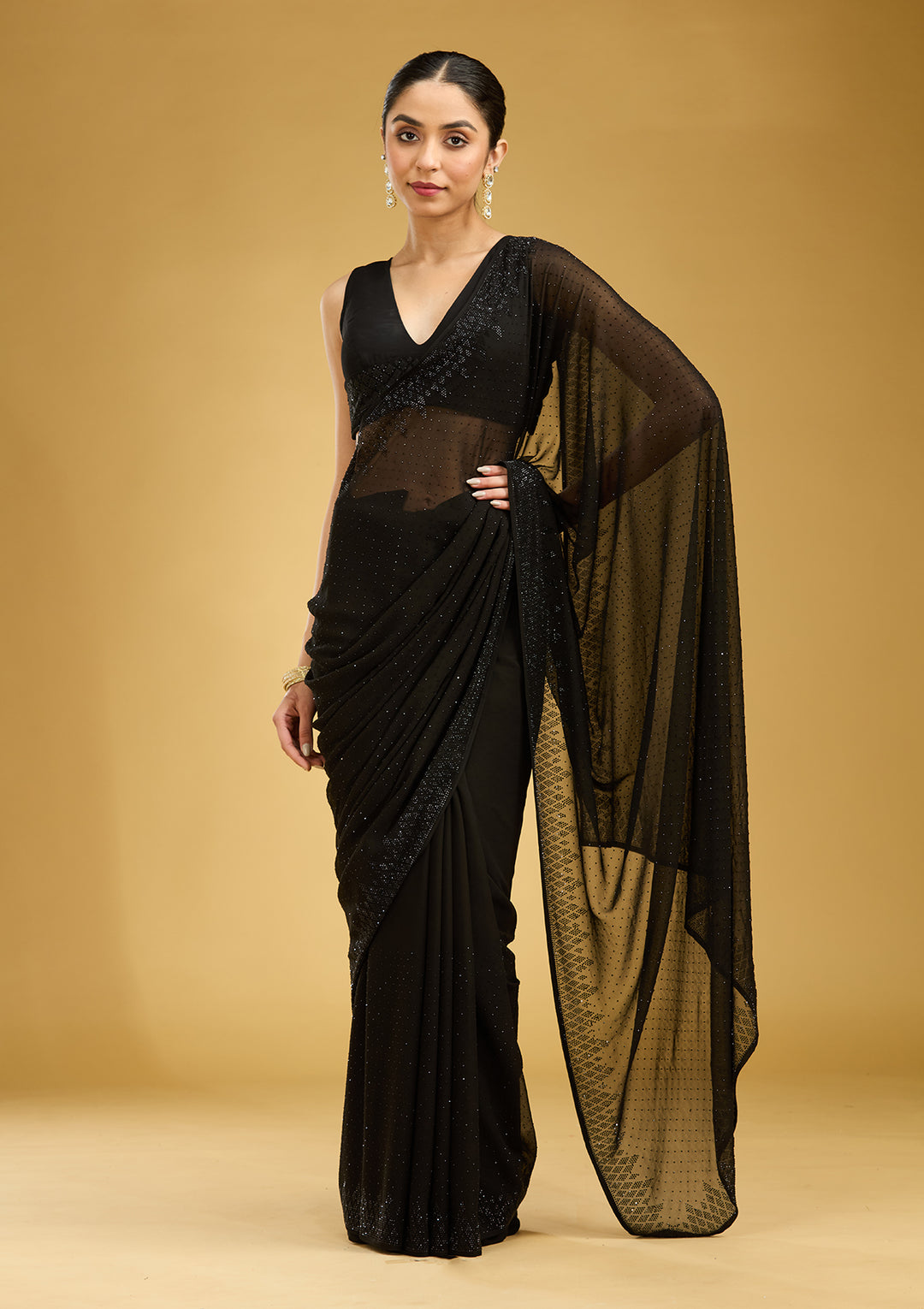 Black Swarovski Georgette Saree