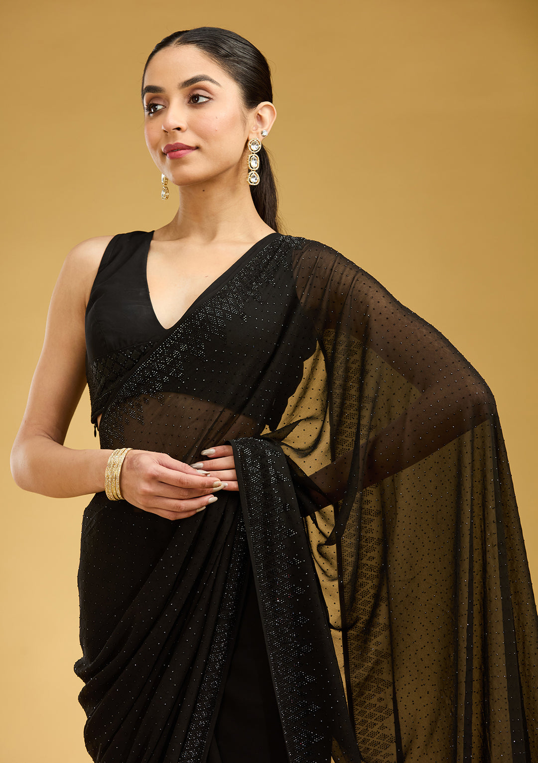 Black Swarovski Georgette Saree