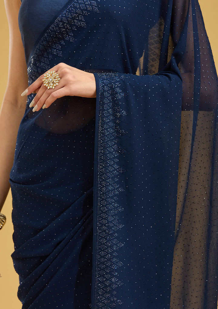 Navy Blue Swarovski Georgette Saree