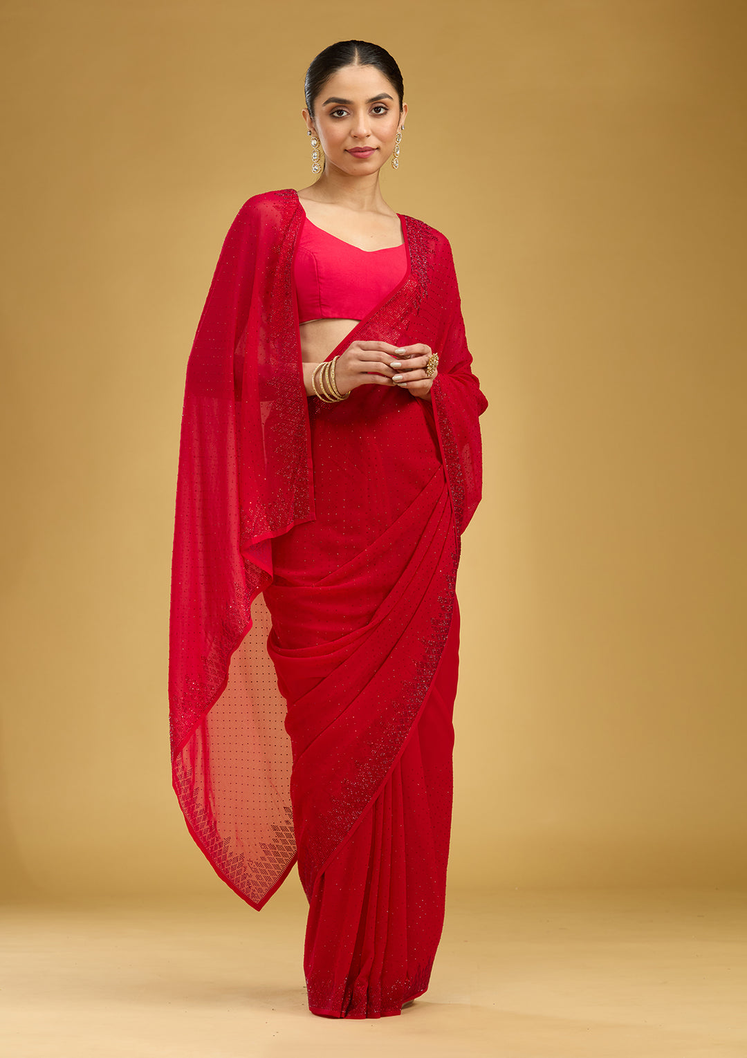 Red Swarovski Georgette Saree
