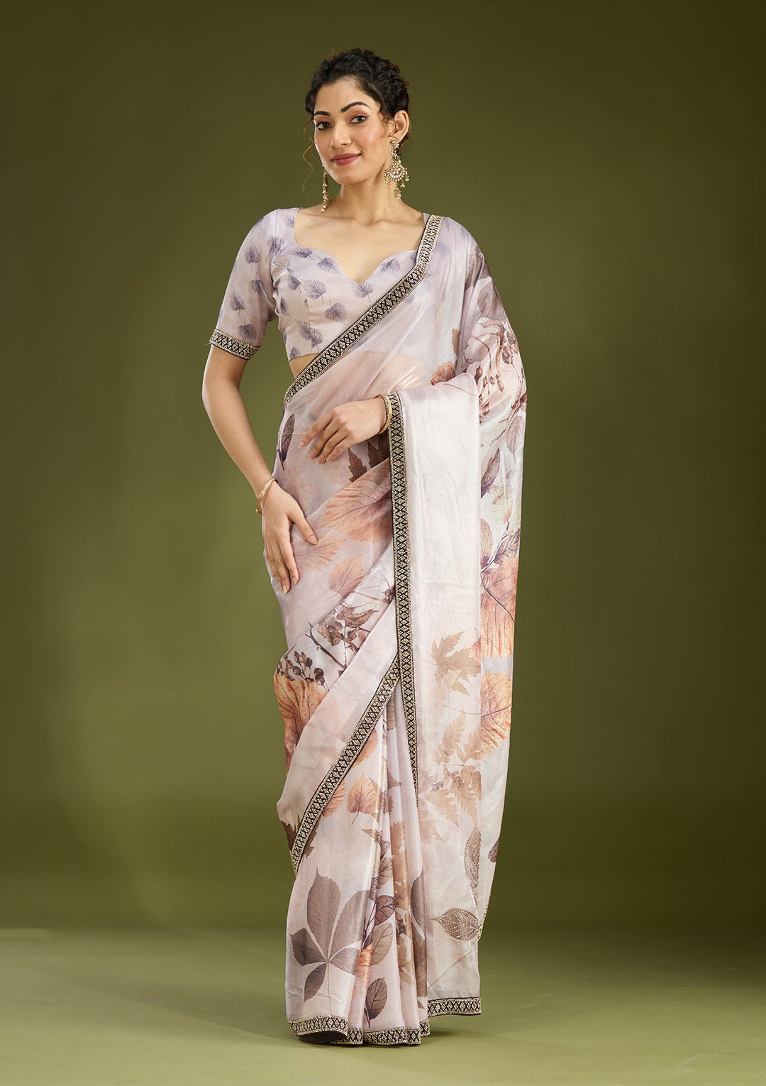 Baby Pink Stonework (Gold) Chiffon Saree