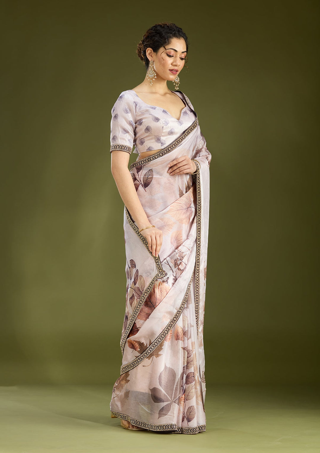 Baby Pink Stonework (Gold) Chiffon Saree