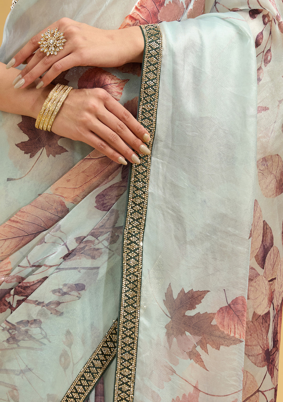 Sky Blue Stonework (Gold) Chiffon Saree