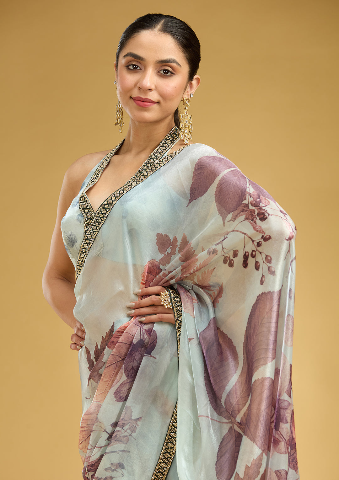Sky Blue Stonework (Gold) Chiffon Saree