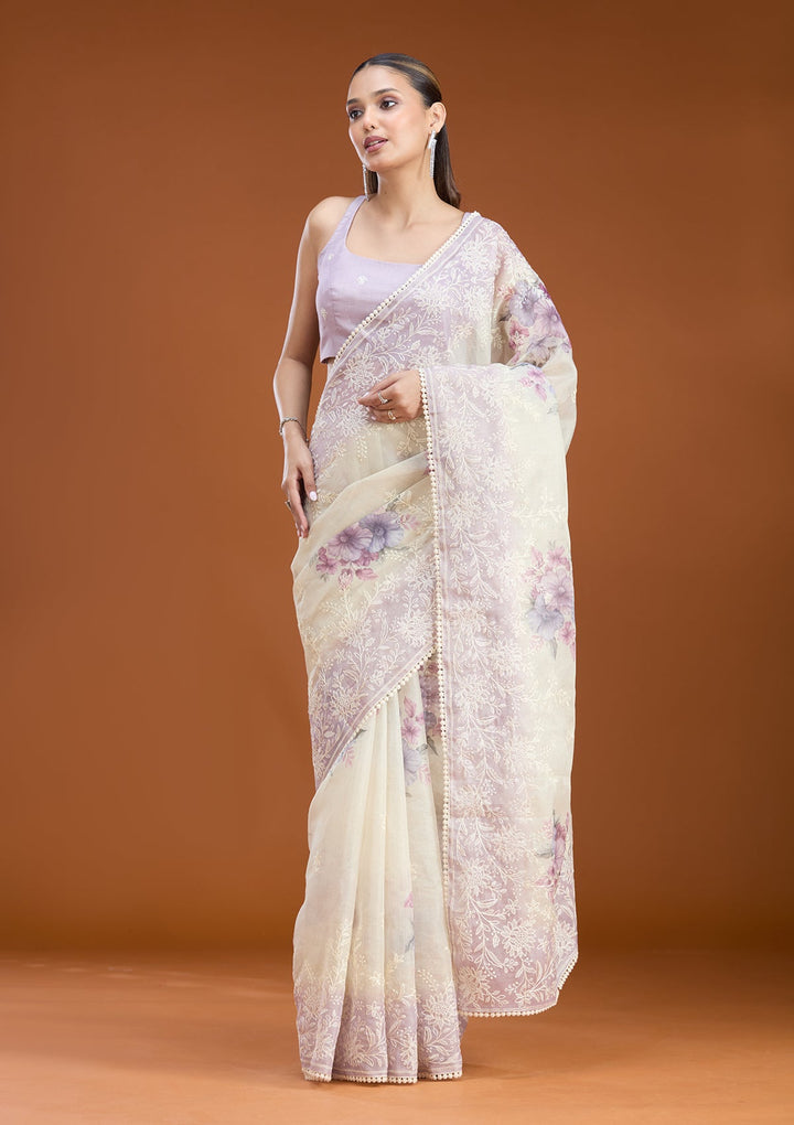 Beige Threadwork Chanderi Saree