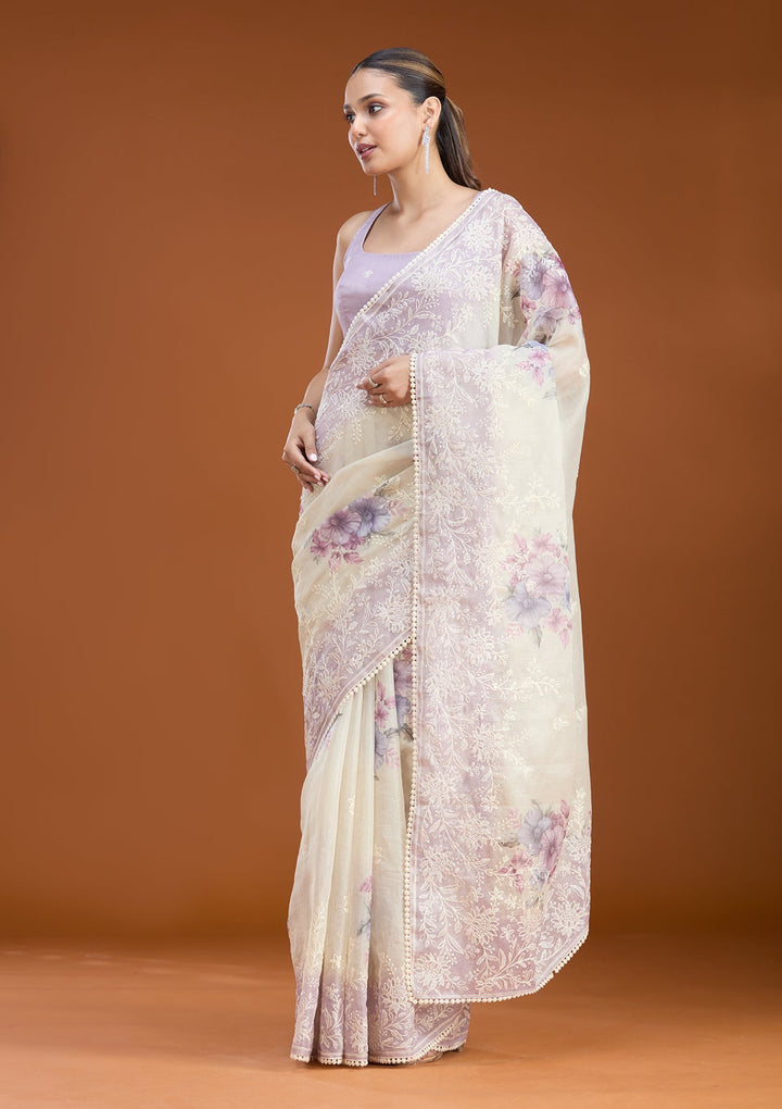 Beige Threadwork Chanderi Saree