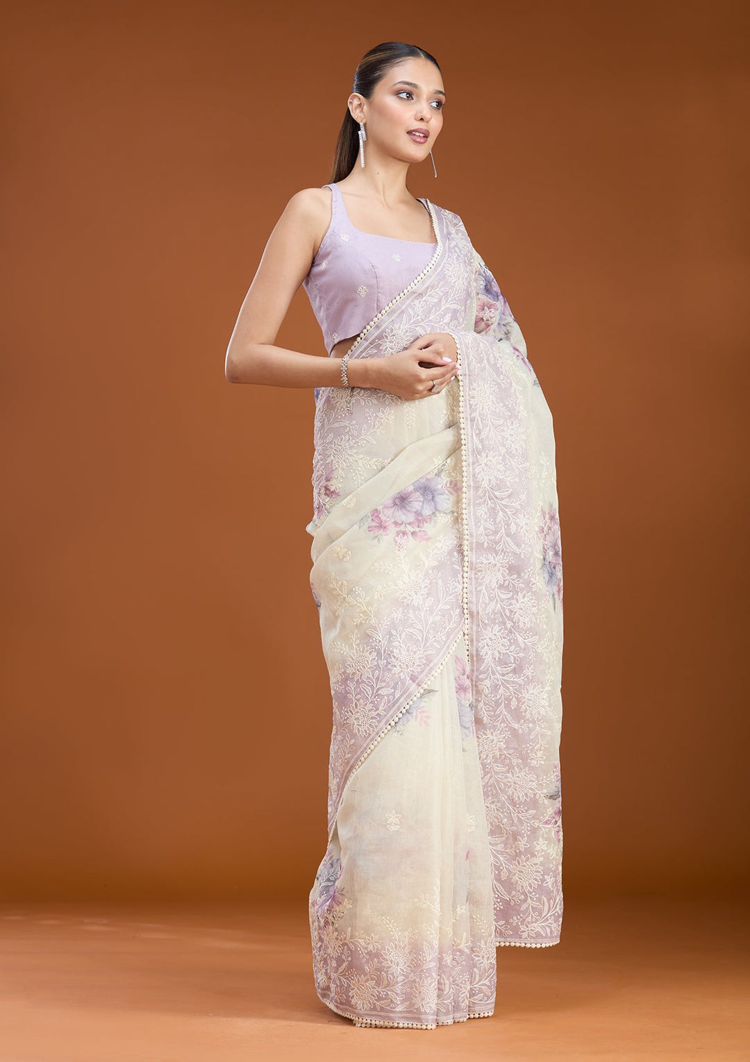 Beige Threadwork Chanderi Saree