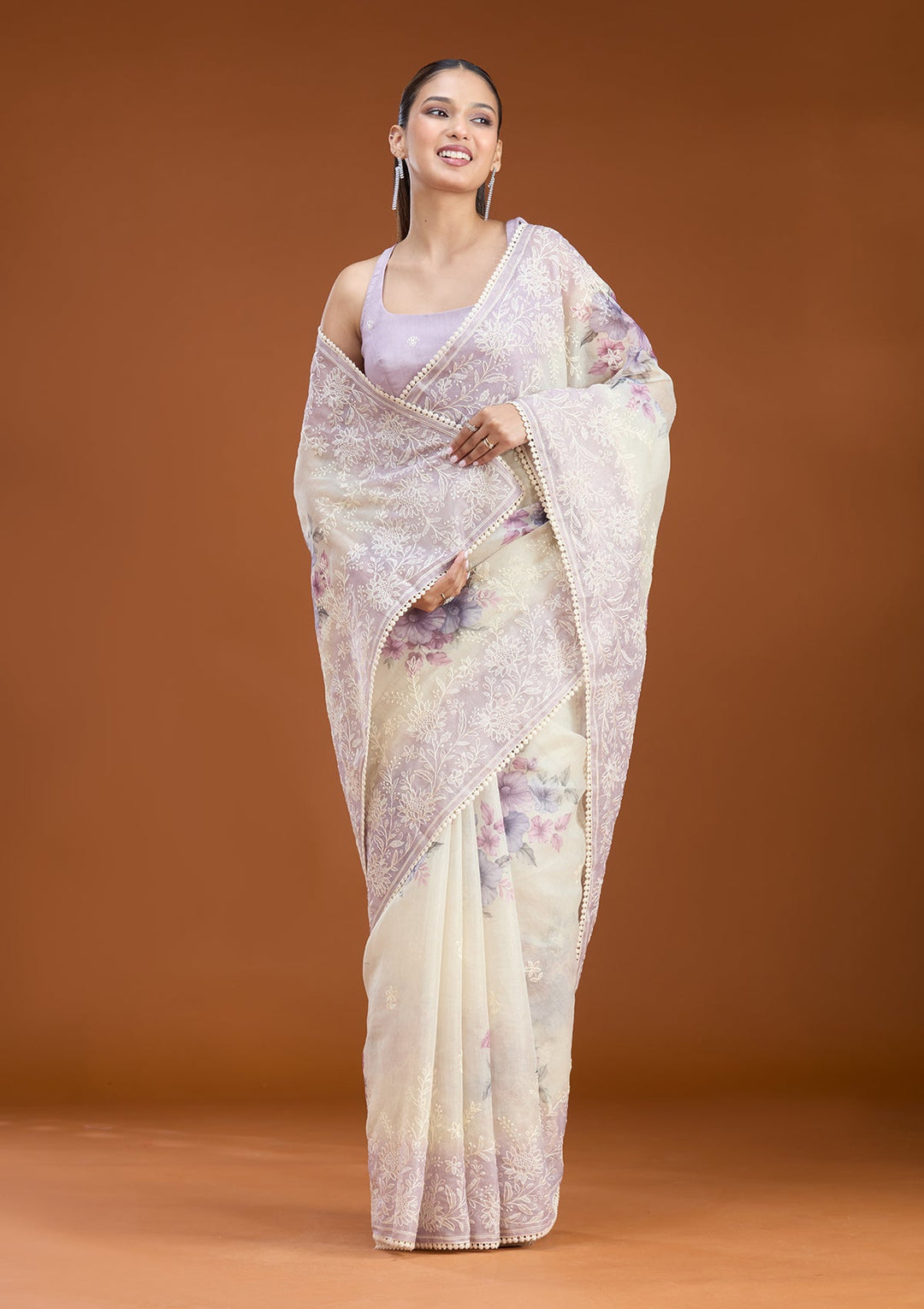 Beige Threadwork Chanderi Saree