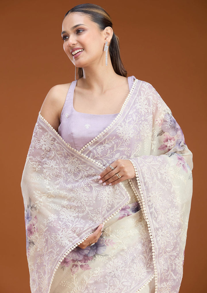 Beige Threadwork Chanderi Saree