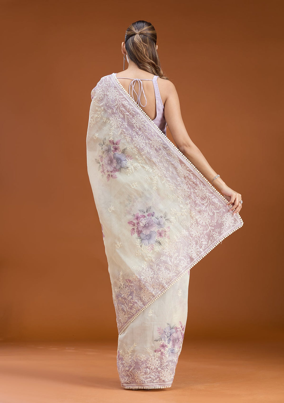 Beige Threadwork Chanderi Saree