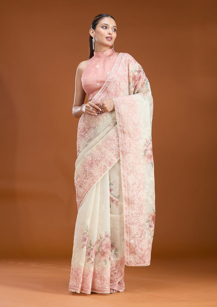 Beige Threadwork Chanderi Saree