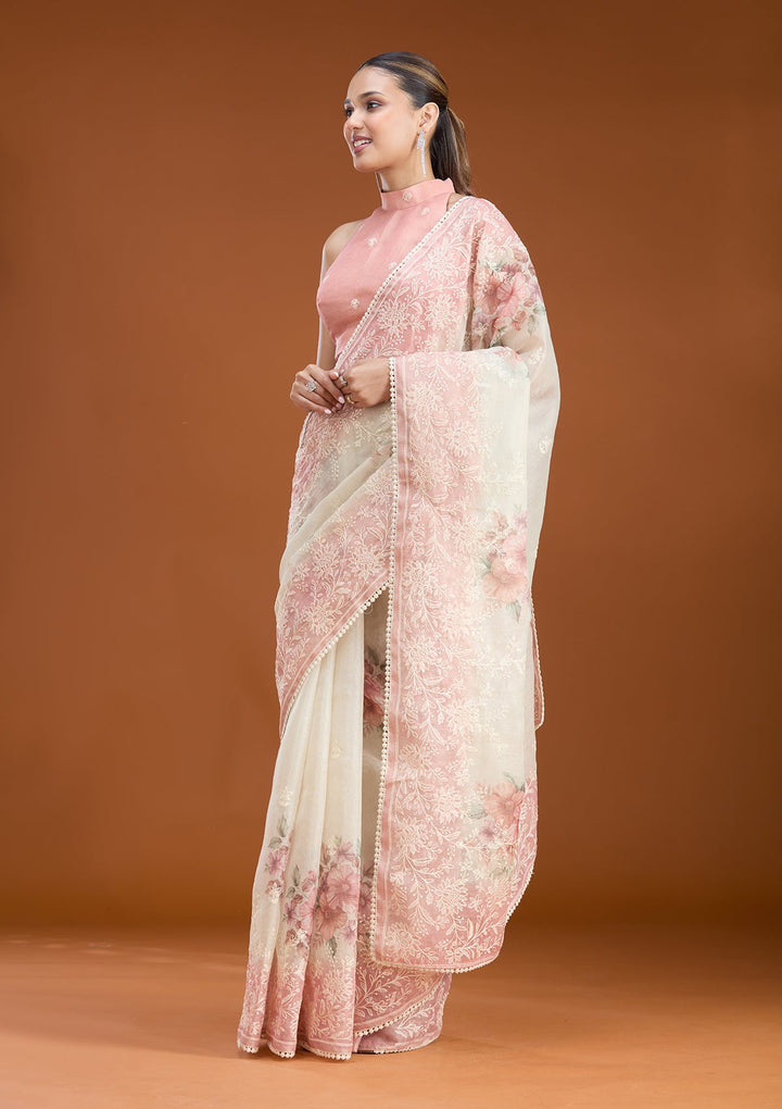 Beige Threadwork Chanderi Saree