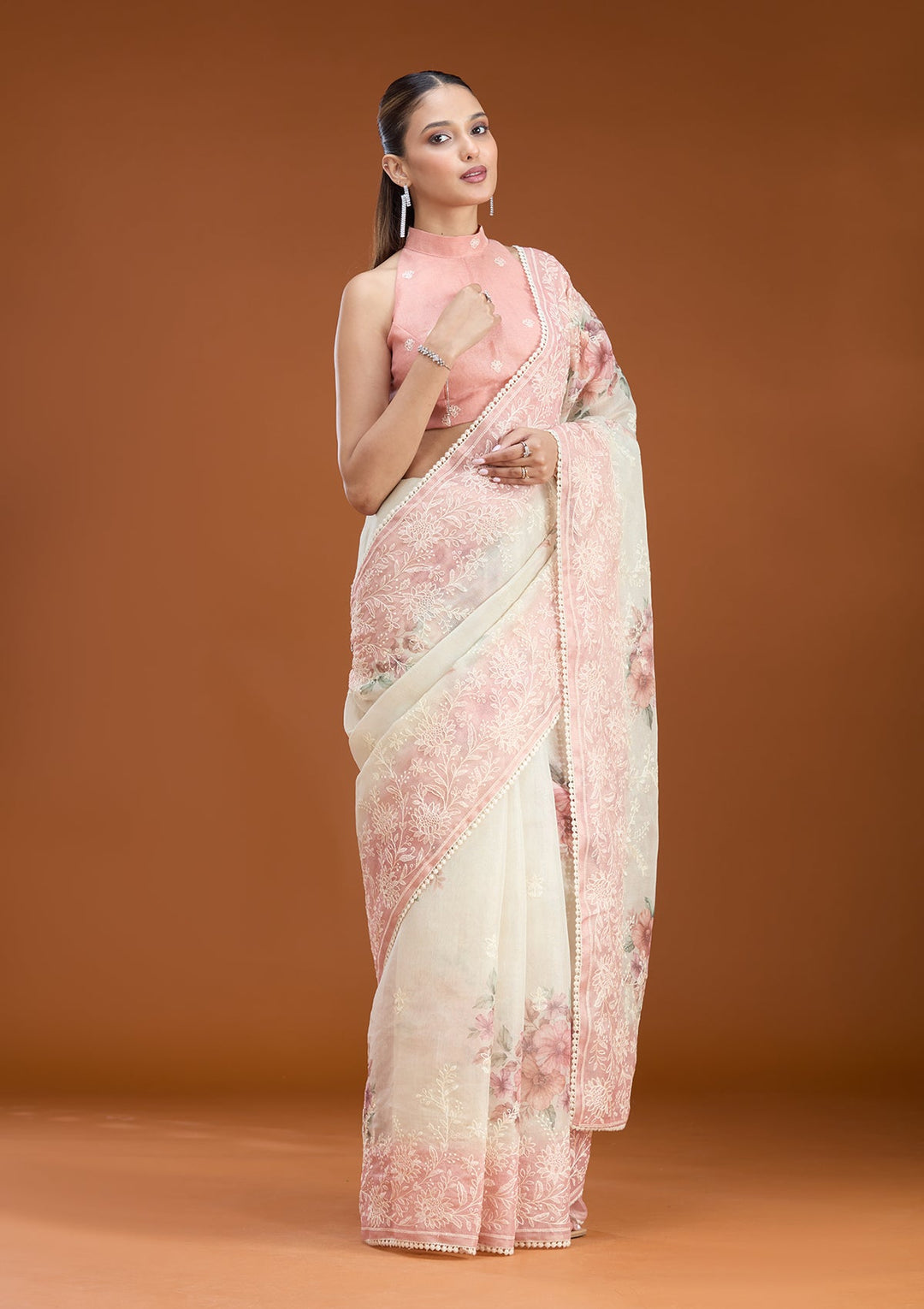 Beige Threadwork Chanderi Saree