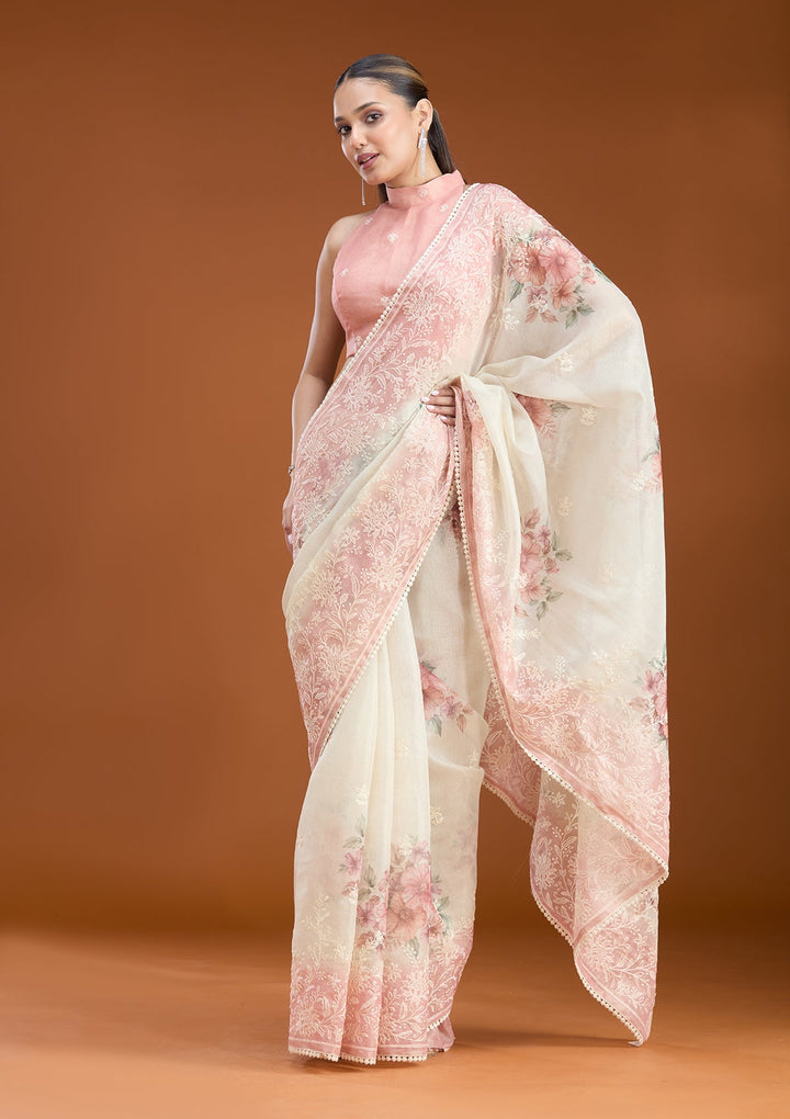 Beige Threadwork Chanderi Saree