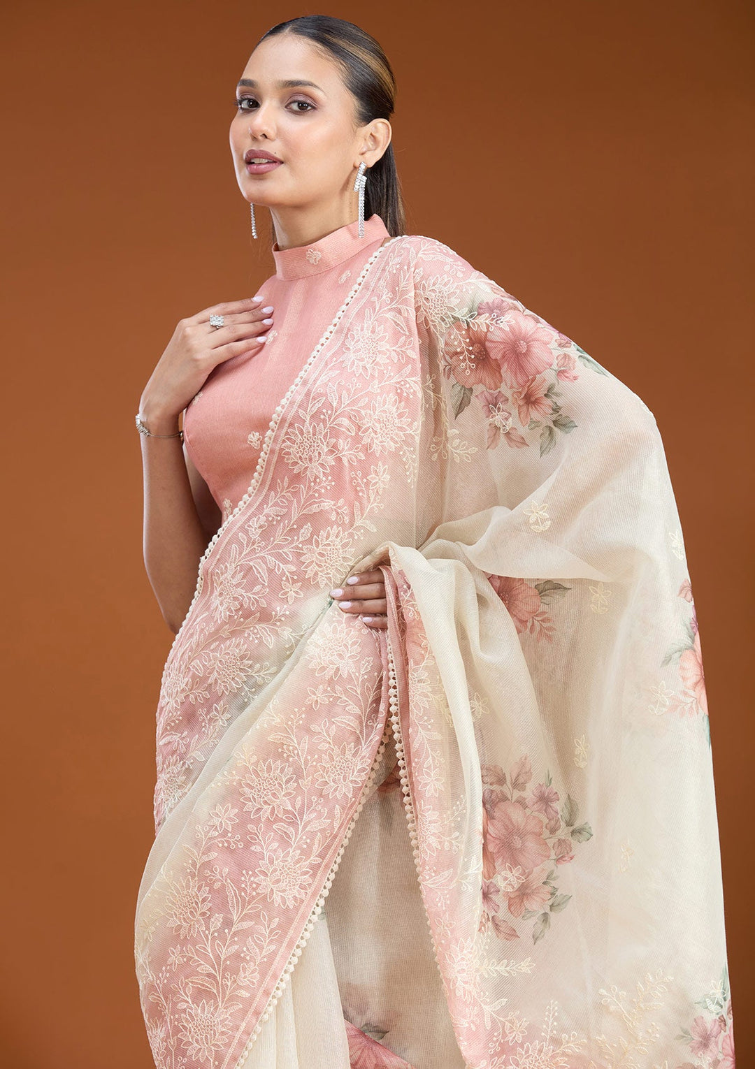 Beige Threadwork Chanderi Saree