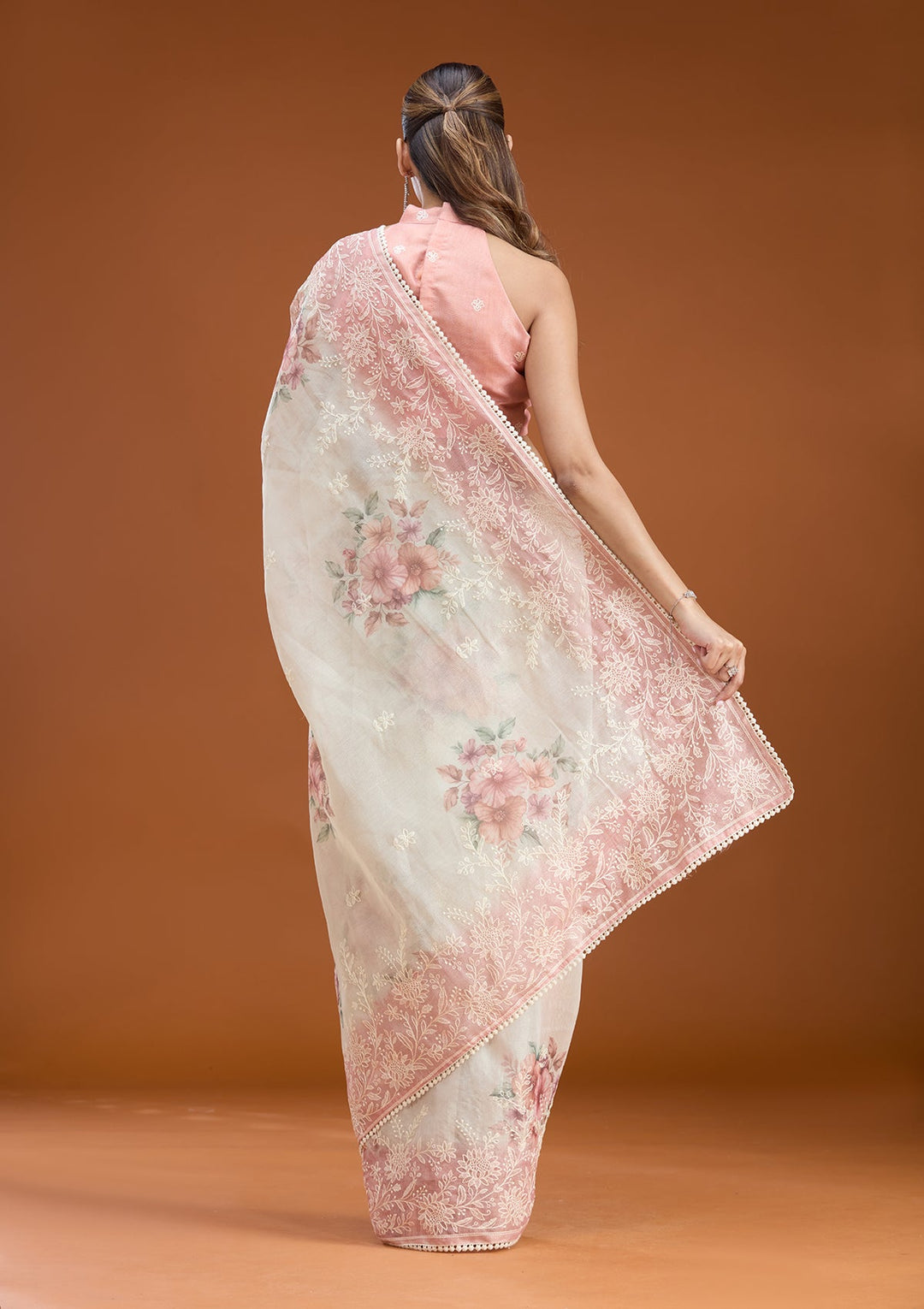 Beige Threadwork Chanderi Saree