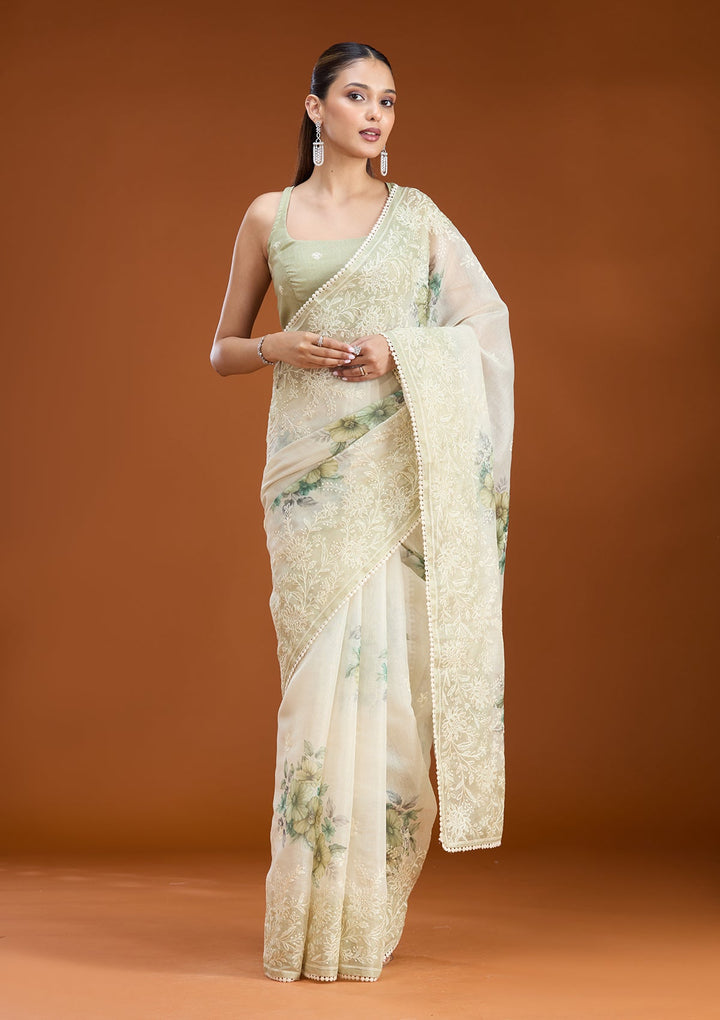 Beige Threadwork Chanderi Saree
