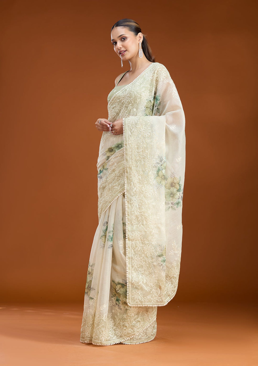 Beige Threadwork Chanderi Saree