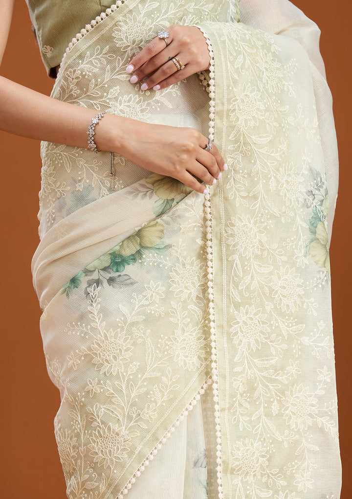 Beige Threadwork Chanderi Saree