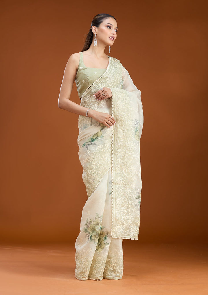 Beige Threadwork Chanderi Saree