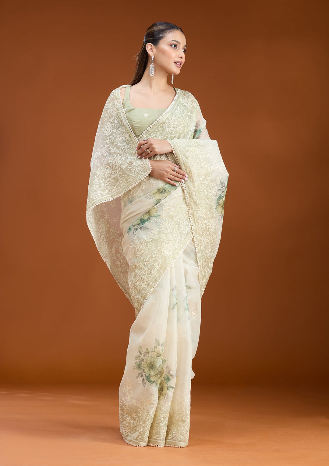 Beige Threadwork Chanderi Saree