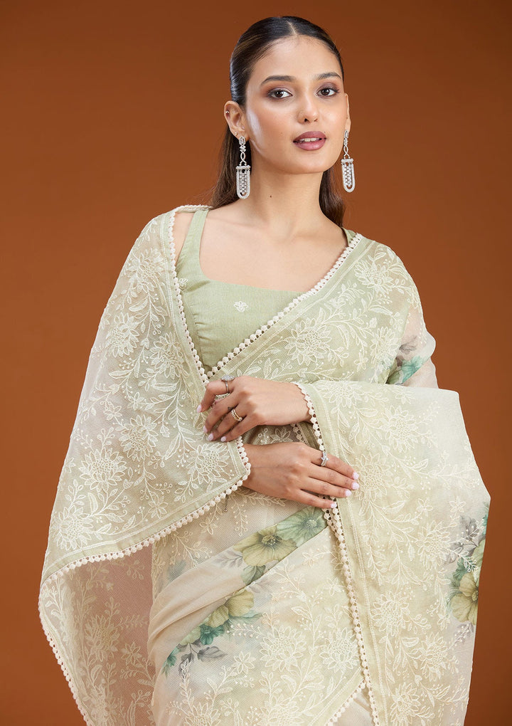 Beige Threadwork Chanderi Saree