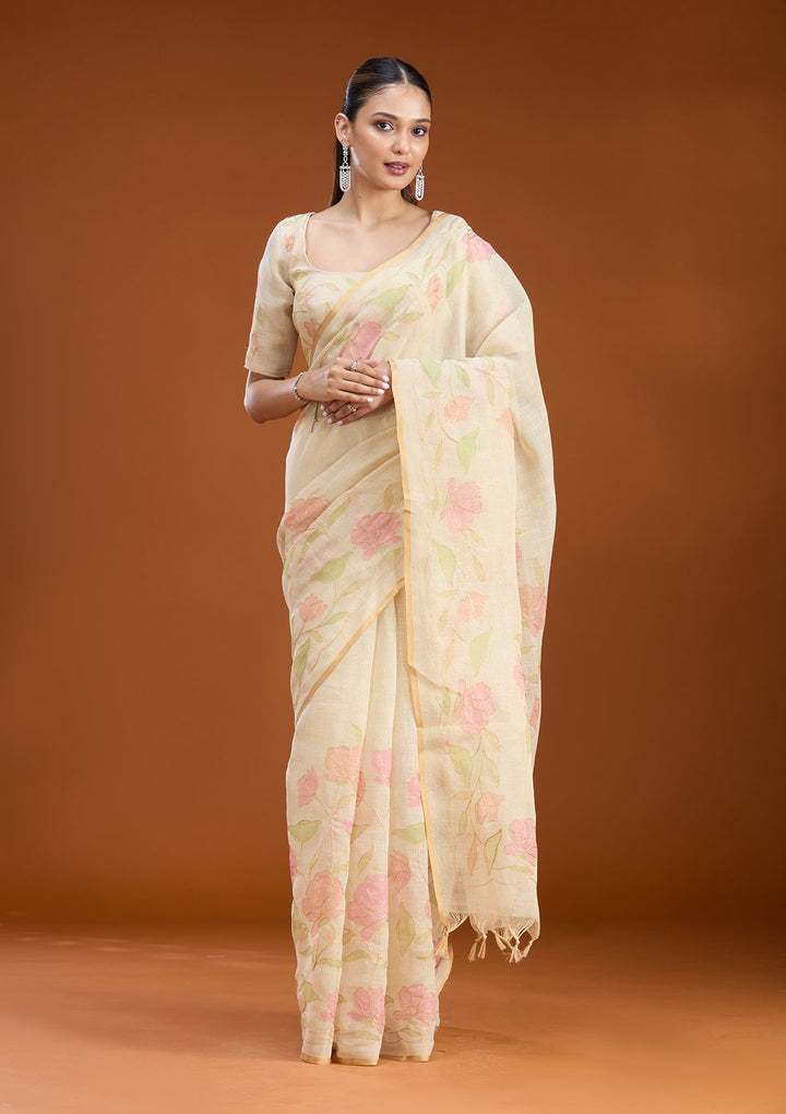 Beige Zariwork (Gold) Chanderi Saree