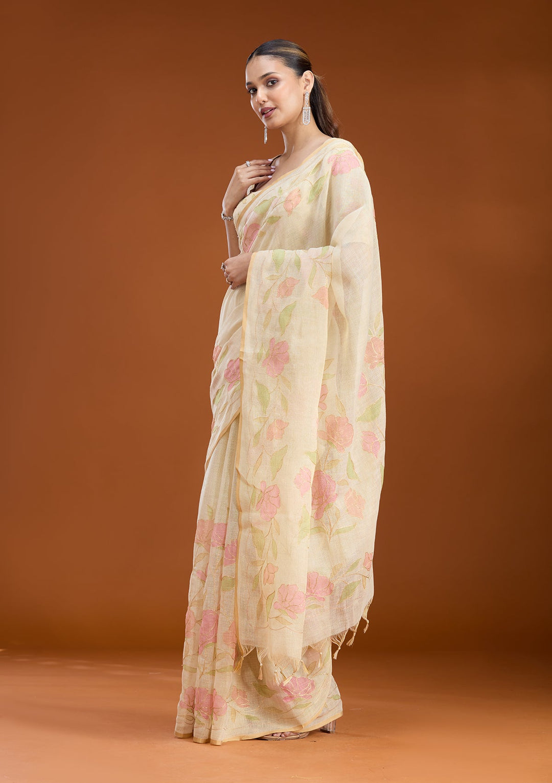 Beige Zariwork (Gold) Chanderi Saree