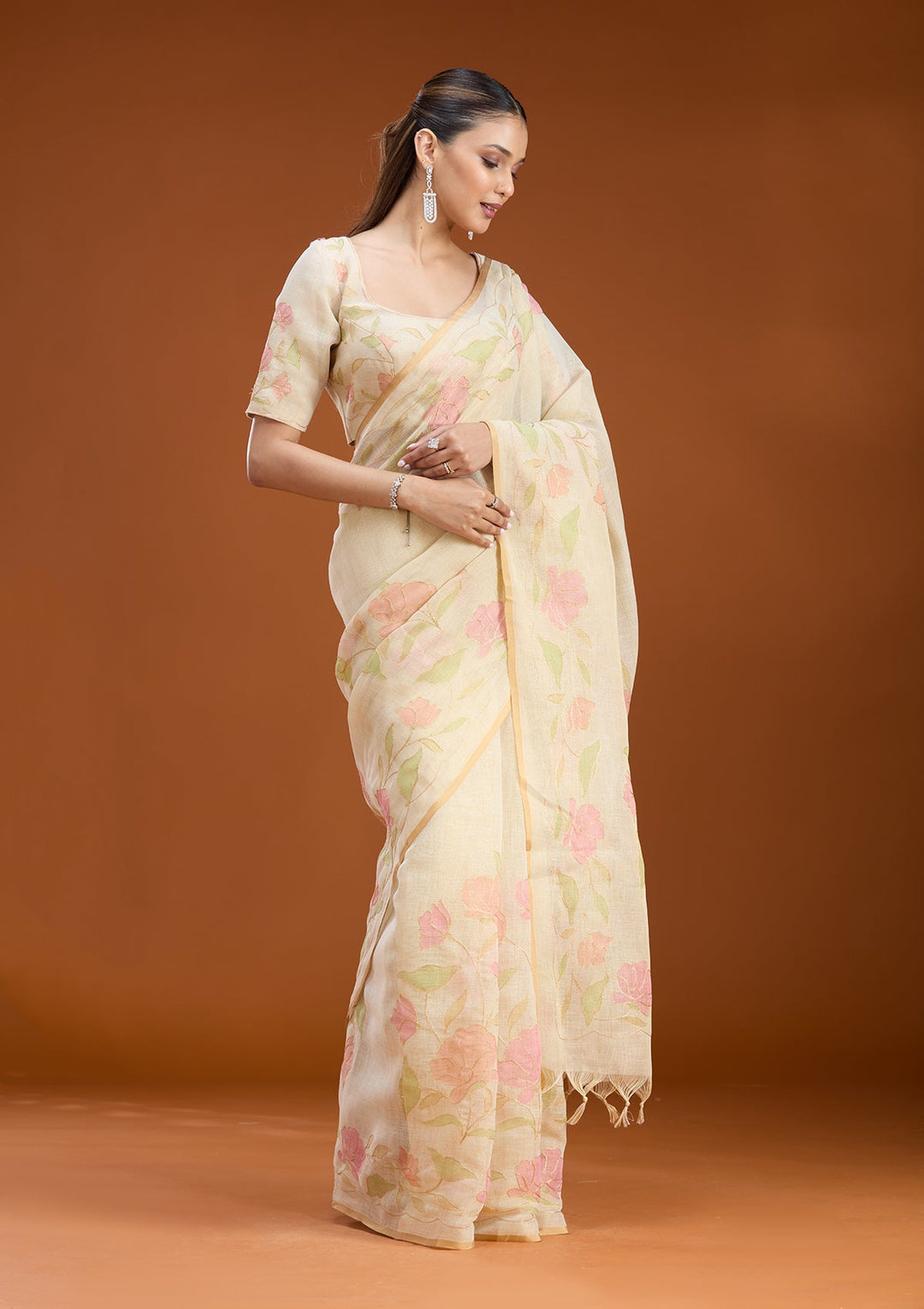 Beige Zariwork (Gold) Chanderi Saree