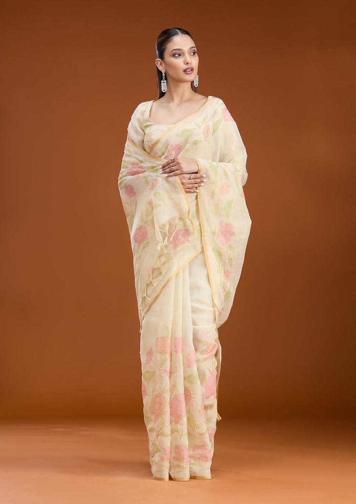 Beige Zariwork (Gold) Chanderi Saree