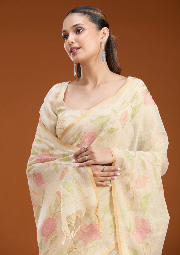 Beige Zariwork (Gold) Chanderi Saree