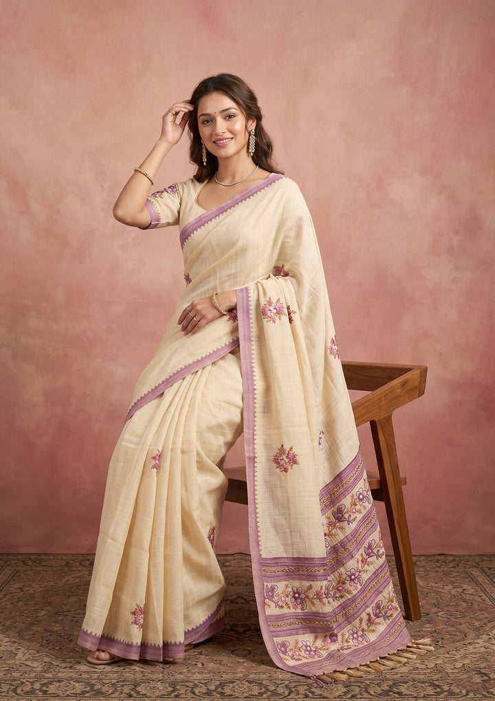 Beige Chanderi Threadwork Saree With Matching Blouse Piece