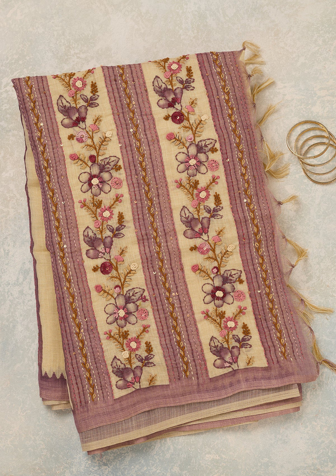 Beige Chanderi Threadwork Saree With Matching Blouse Piece