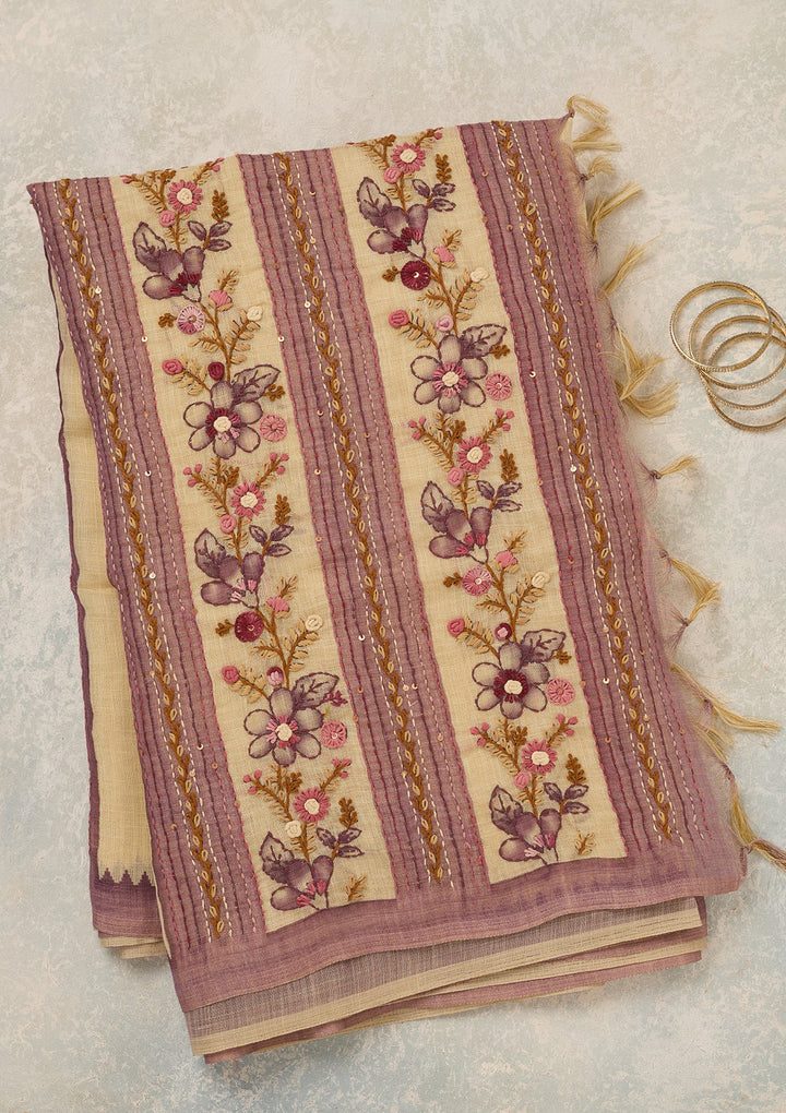 Beige Chanderi Threadwork Saree With Matching Blouse Piece