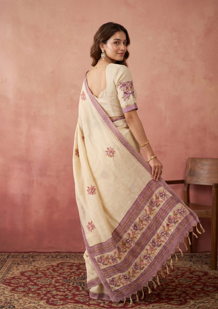 Beige Chanderi Threadwork Saree With Matching Blouse Piece