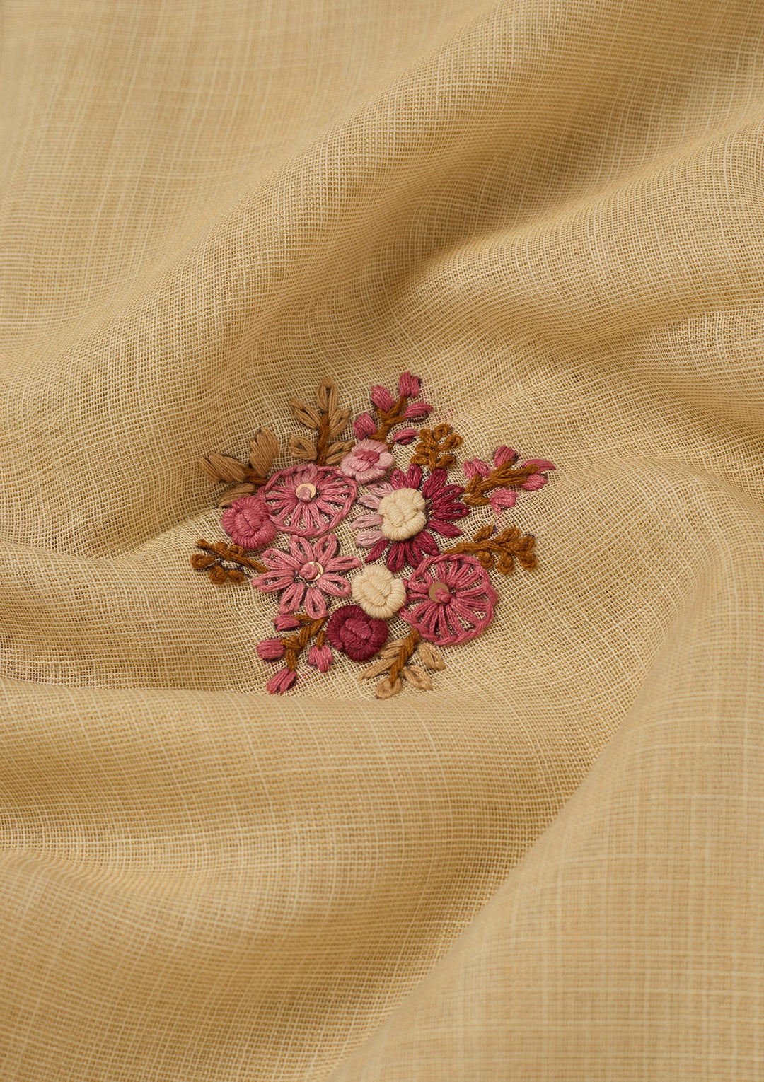 Beige Chanderi Threadwork Saree With Matching Blouse Piece