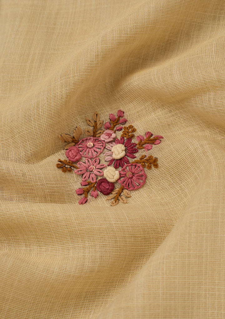 Beige Chanderi Threadwork Saree With Matching Blouse Piece