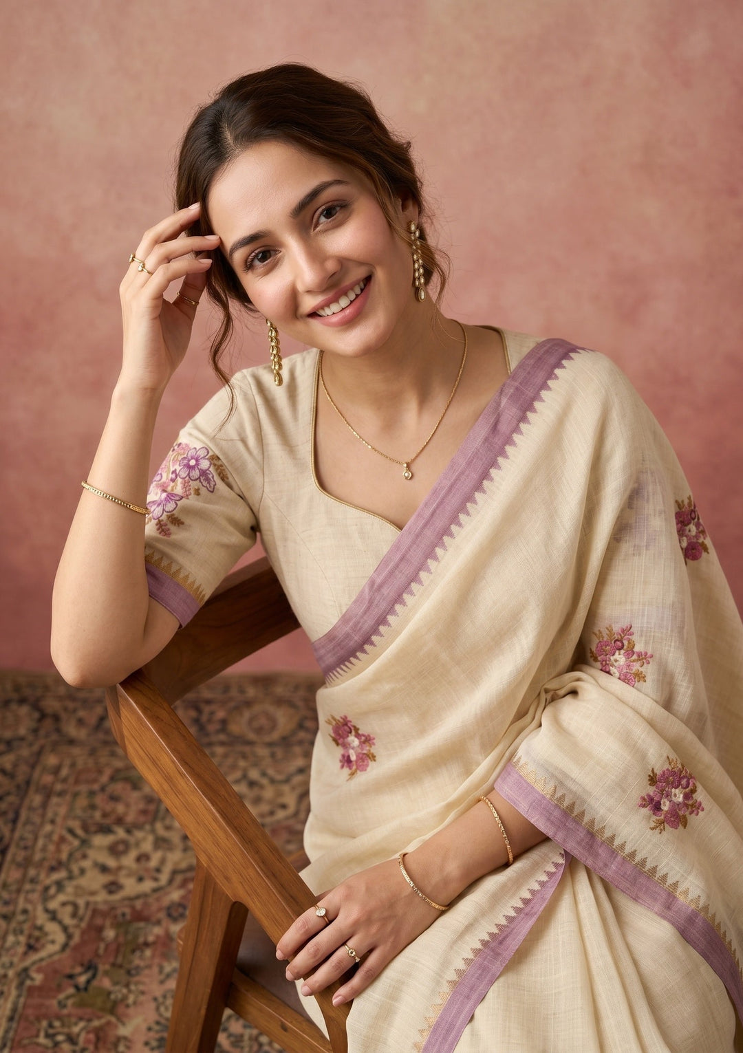 Beige Chanderi Threadwork Saree With Matching Blouse Piece