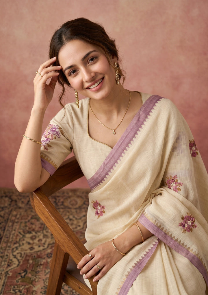 Beige Chanderi Threadwork Saree With Matching Blouse Piece
