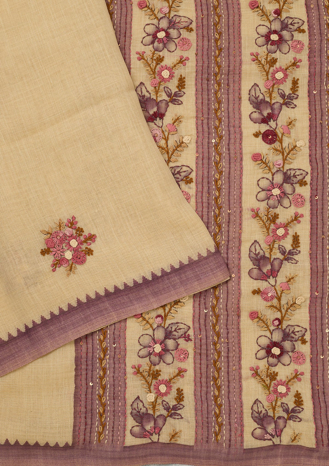 Beige Chanderi Threadwork Saree With Matching Blouse Piece