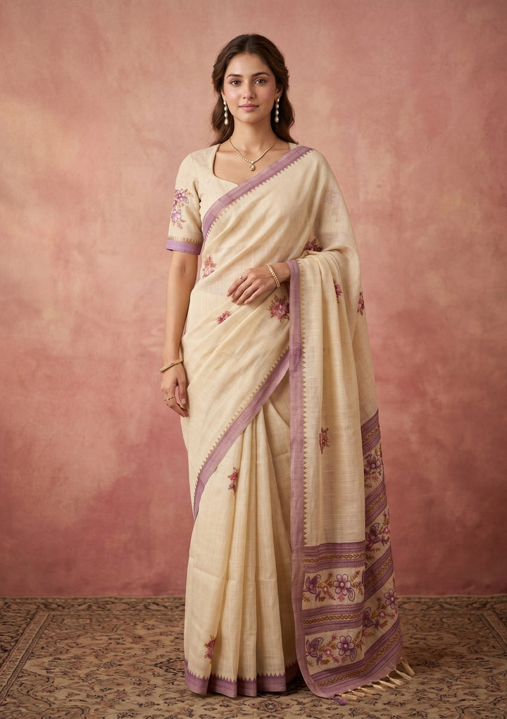 Beige Chanderi Threadwork Saree With Matching Blouse Piece