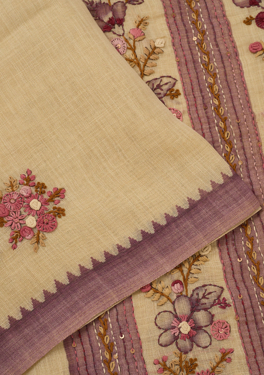 Beige Chanderi Threadwork Saree With Matching Blouse Piece