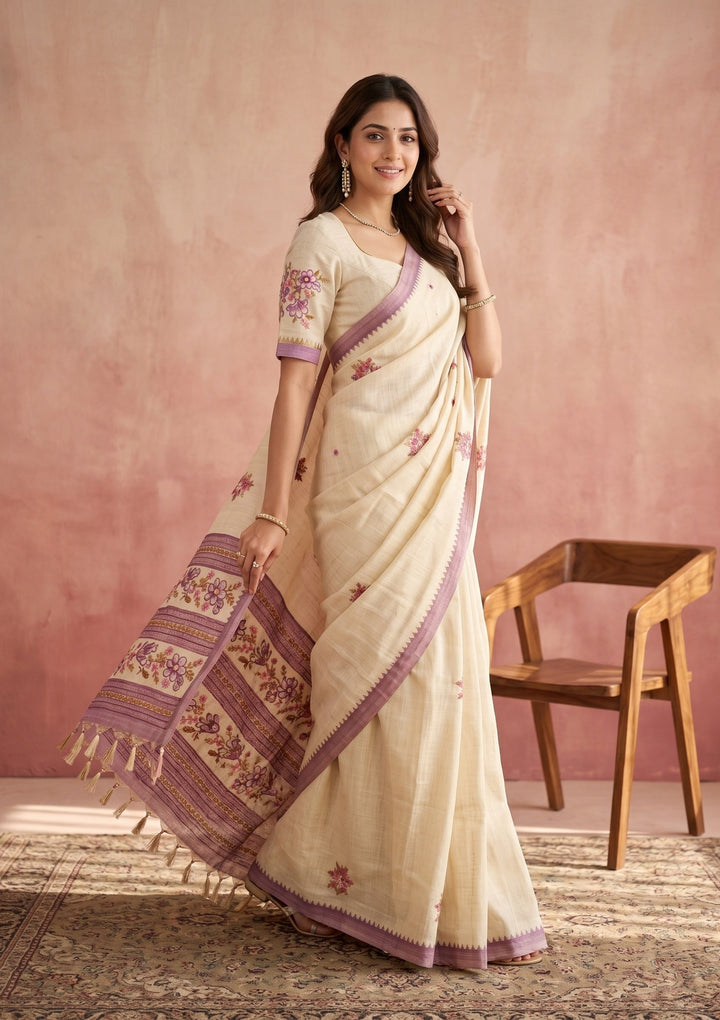 Beige Chanderi Threadwork Saree With Matching Blouse Piece