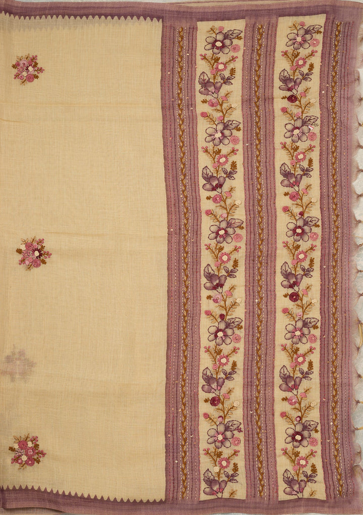 Beige Chanderi Threadwork Saree With Matching Blouse Piece